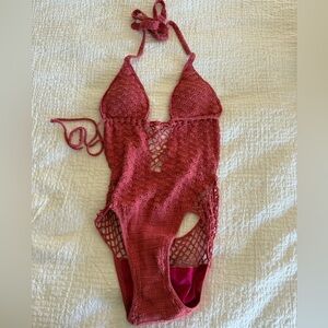 Crochet Halter One-Piece Swim Bodysuit - Red
